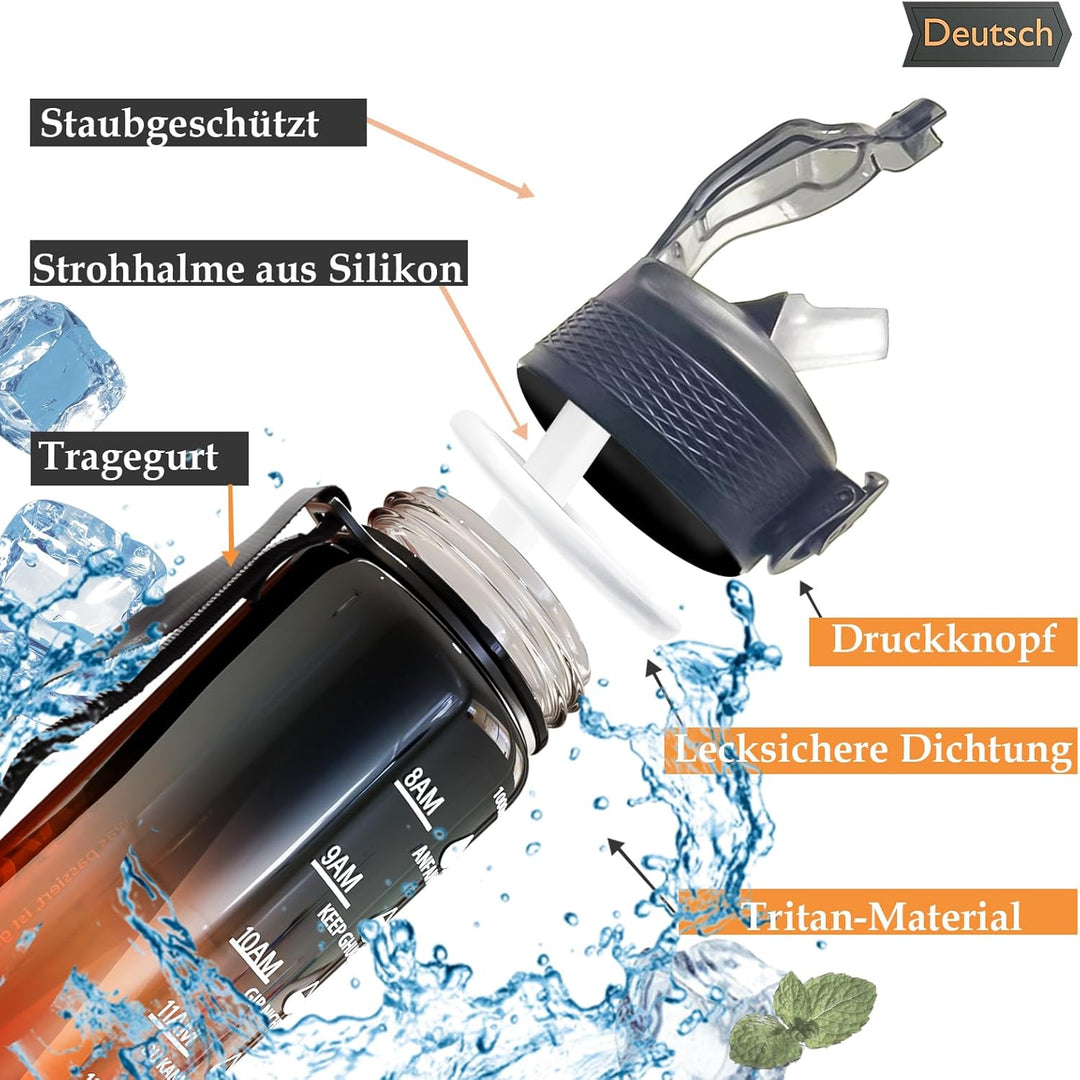 Deutsch Trinkflasche, Trinkflasche 1L mit Strohhalm und motivierender Zeitmarkierung, Tritan BPA fre