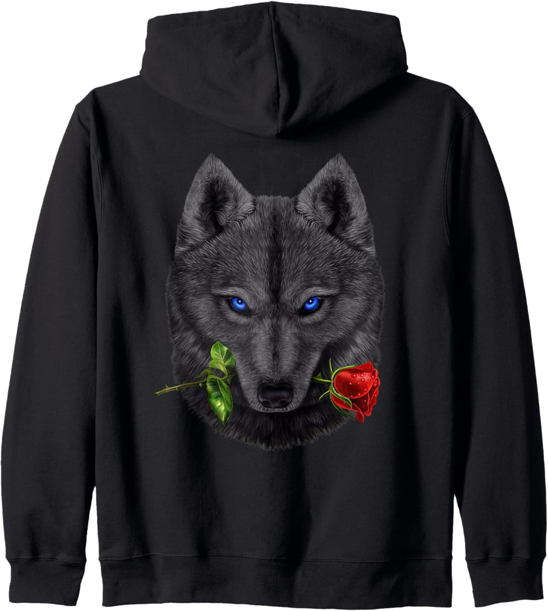 Romantische schwarzer Wolf, die auf einer Rosenblume beisst Kapuzenjacke