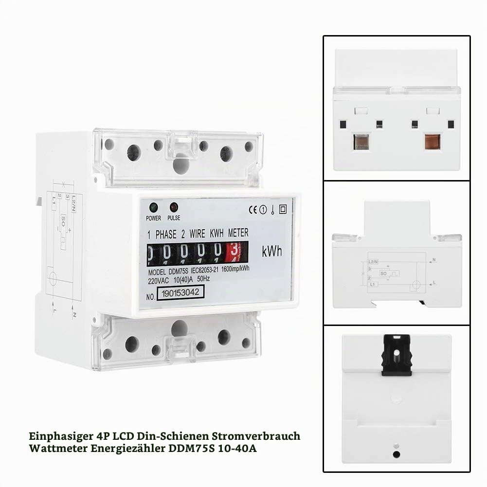 Digitale Stromzähler 1 Phase, AC 220V/230V 10-40A 2 Draht 4P Einphasiger Stromzähler Hutschiene, KWh