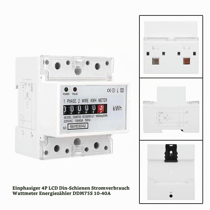 Digitale Stromzähler 1 Phase, AC 220V/230V 10-40A 2 Draht 4P Einphasiger Stromzähler Hutschiene, KWh