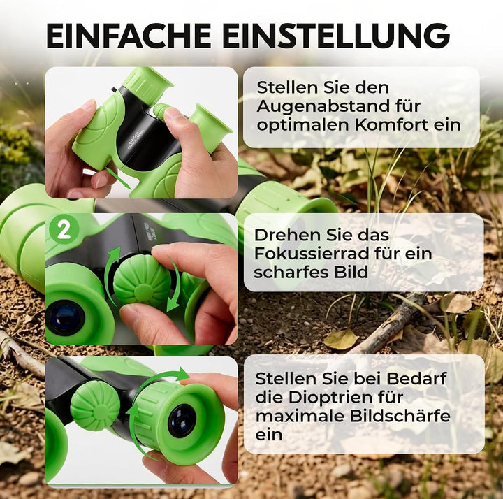 Kinderfernglas 8x21 – Entdecker-Set mit Lupe, Kompass, Tasche und Trageband für Wald, Zoo, Wandern,