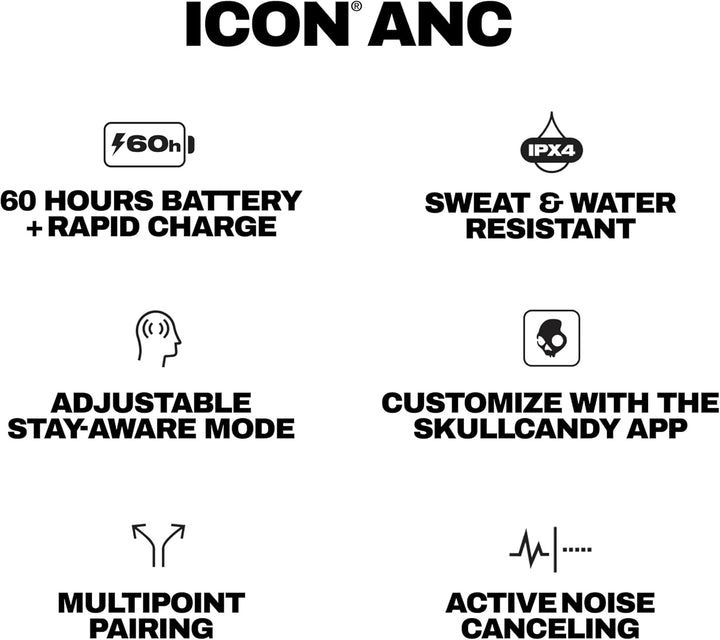 Skullcandy Icon ANC Wireless On-Ear Bluetooth Headphones, Active Noise Cancelling, Up to 60 Hours Ba