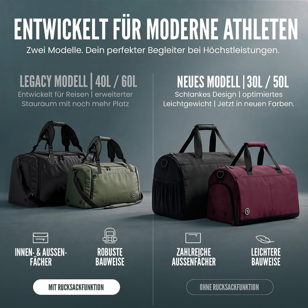 Sporttasche Herren Trainingstasche Damen + Schuhfach Nassfach | 40/60L mit Rucksack-Funktion, 30/50L