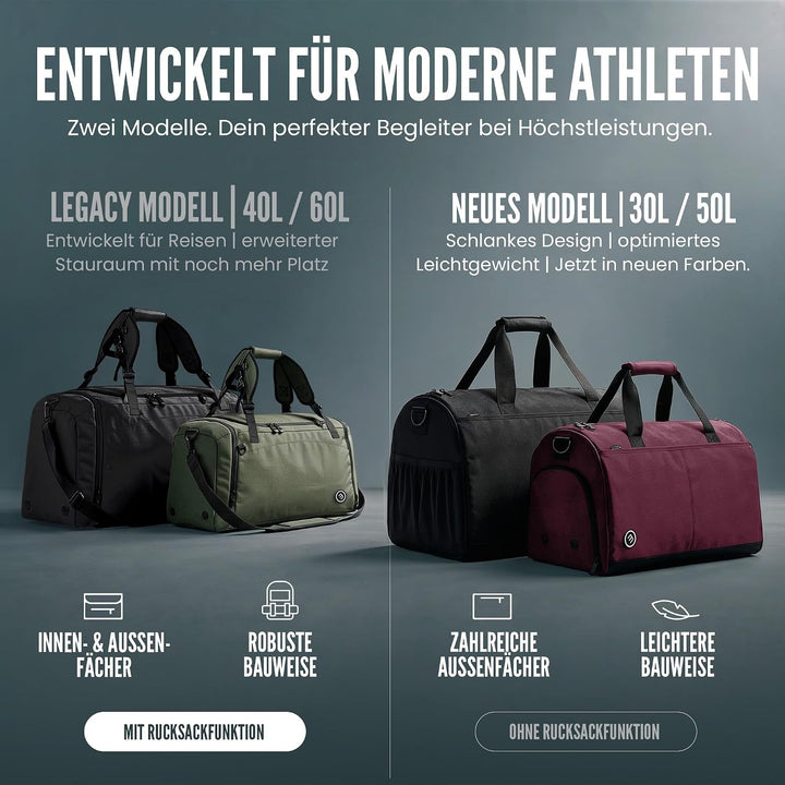Sporttasche Herren Trainingstasche Damen + Schuhfach Nassfach | 40/60L mit Rucksack-Funktion, 30/50L