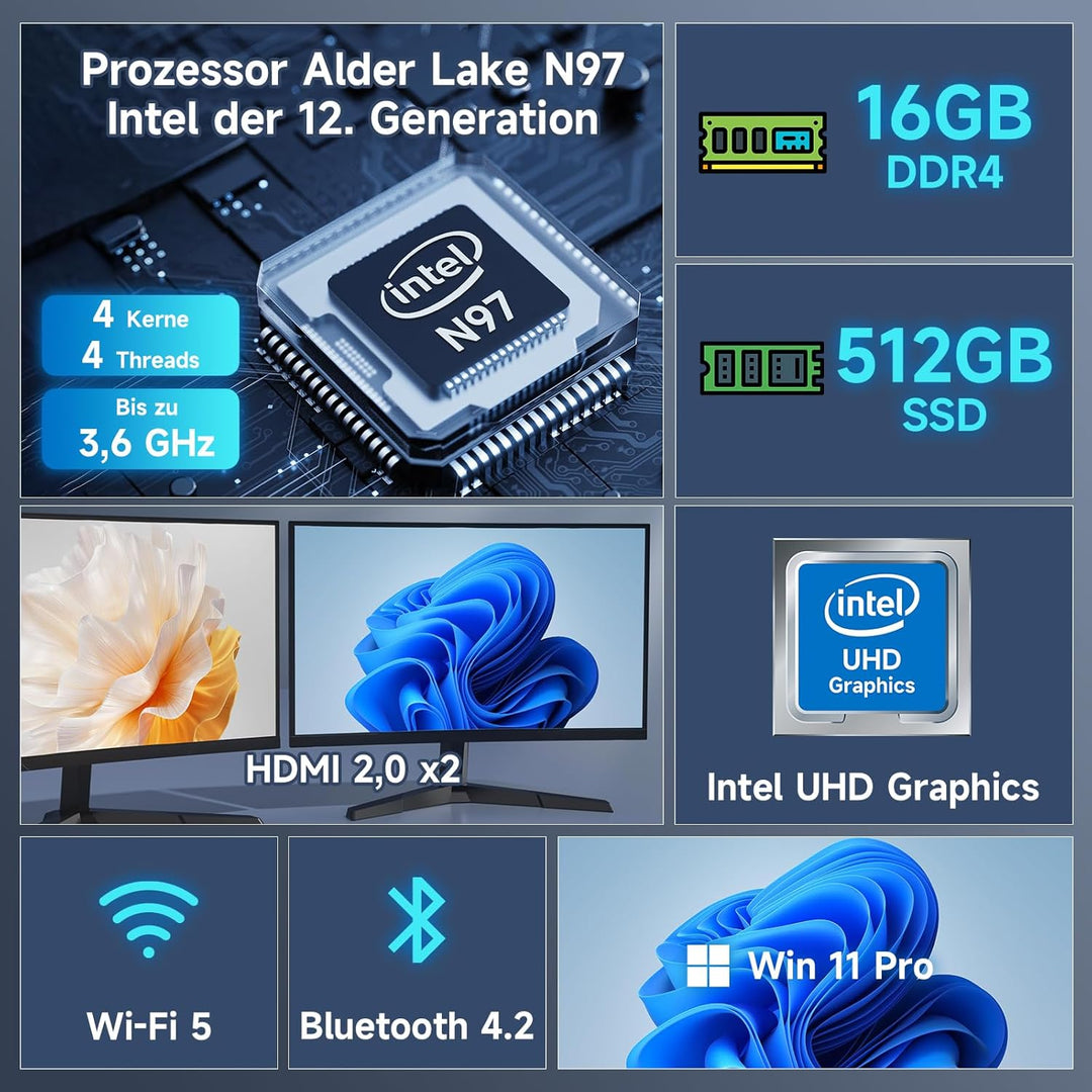 BMAX Mini PC Intel N97 (bis zu 3.6Ghz) 16GB RAM 512GB M.2 SSD Win-11 Pro B4Pro Micro Desktop Compute