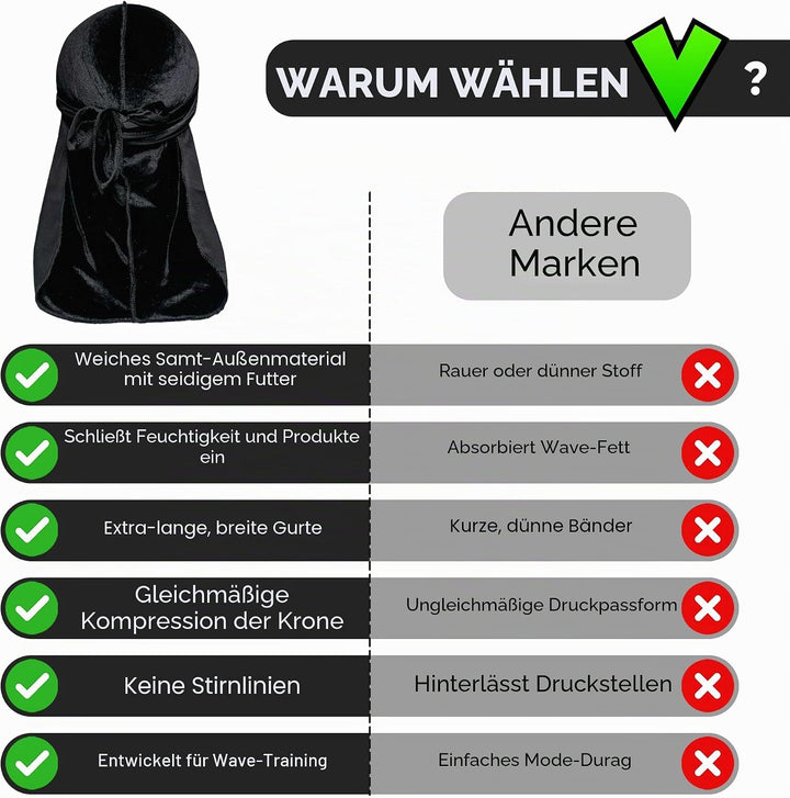 Veeta Superior Velvet Durag – Weiche Samt-Durags für Männer und Frauen, Lange, doppelt breite Träger