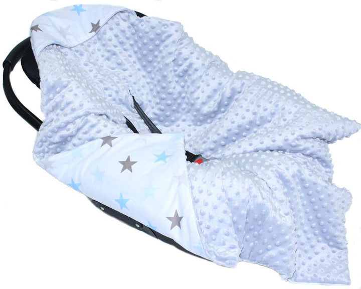 Baby Einschlagdecke MINKY - STAR - mit Kapuze 90x90 cm Babyschale Decke (Star BLAU + GRAU), Star Bla