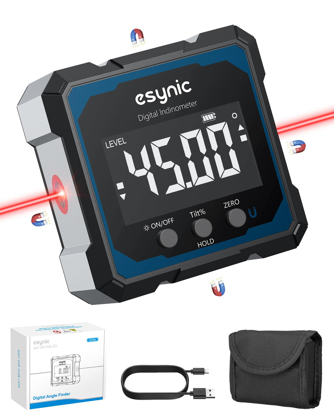 eSynic Digitale Winkelmesser Wasserwaage mit Laser Neigungsmesser 4×90° ±0,1°mit LCD-VA Display Vier