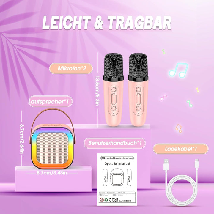Karaoke Maschine mit 2 Mikrofon Kinder Bluetooth, Geschenk Spielzeug Mädchen 3-12 Jahre, Tragbarer K