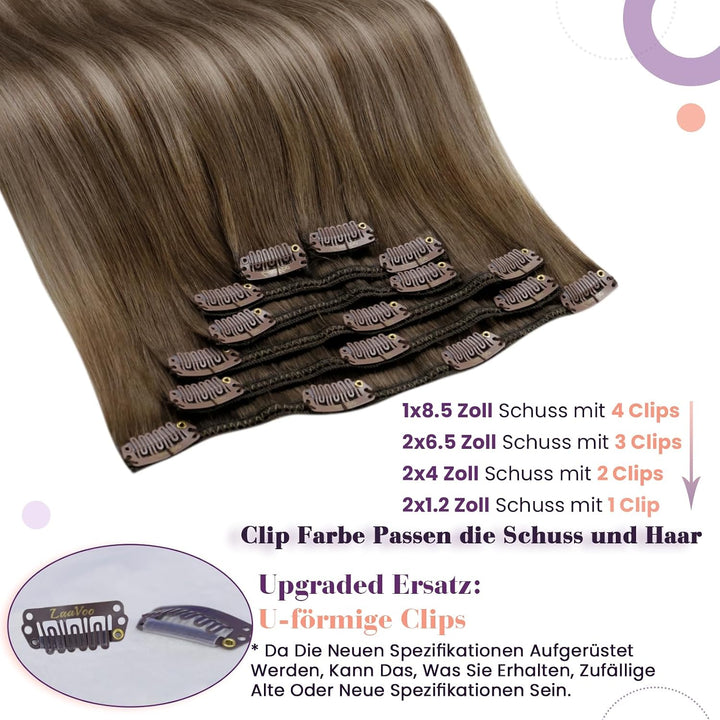LaaVoo Clip in Extensions Echthaar Braun Balayage 55cm Extensions Echthaar Clips Hellbraun Balayage