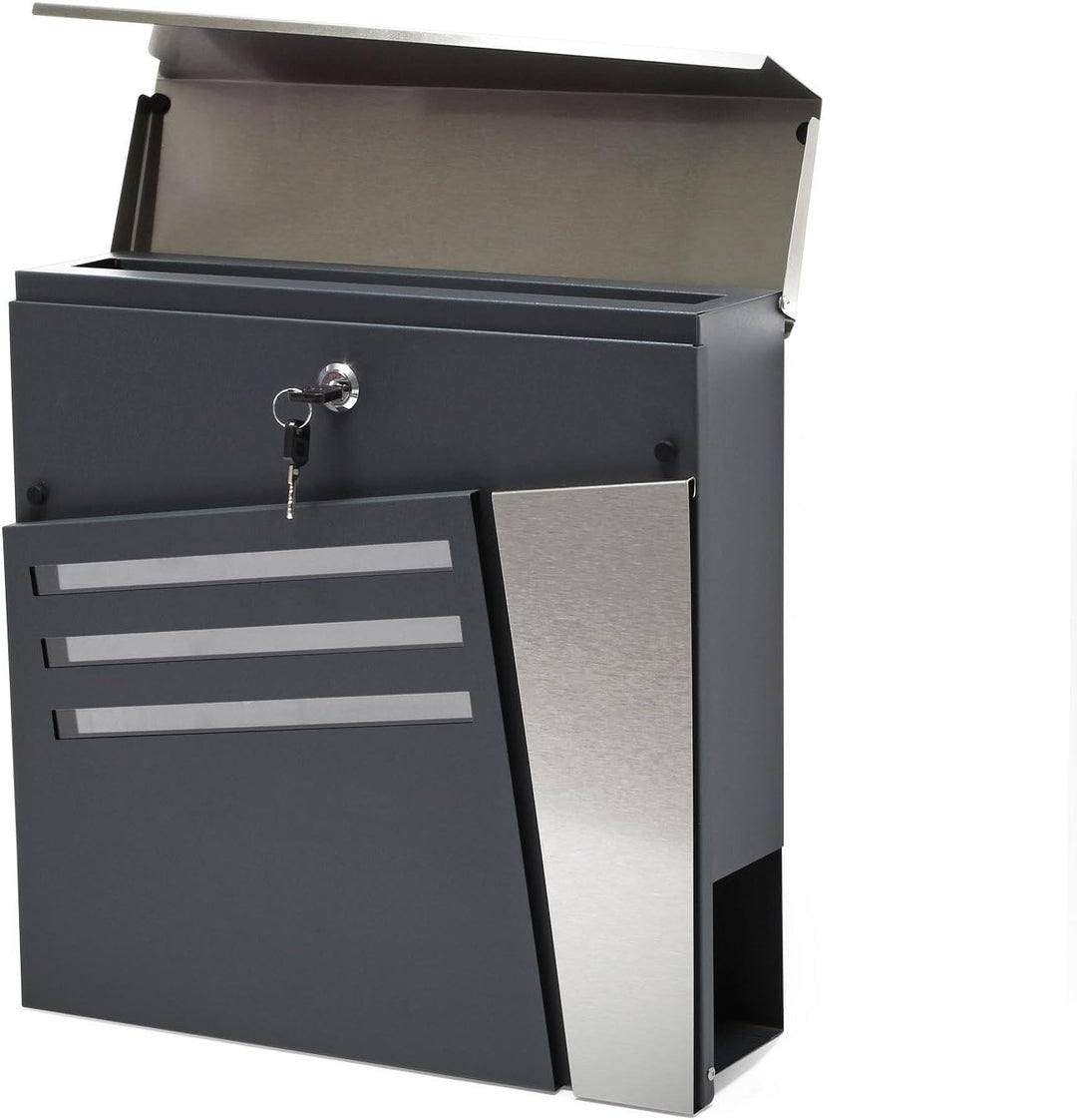 Wiltec Designer Briefkasten V25 Anthrazit und Edelstahl 370 x 105 x 370 mm, Wandbriefkasten mit Schl