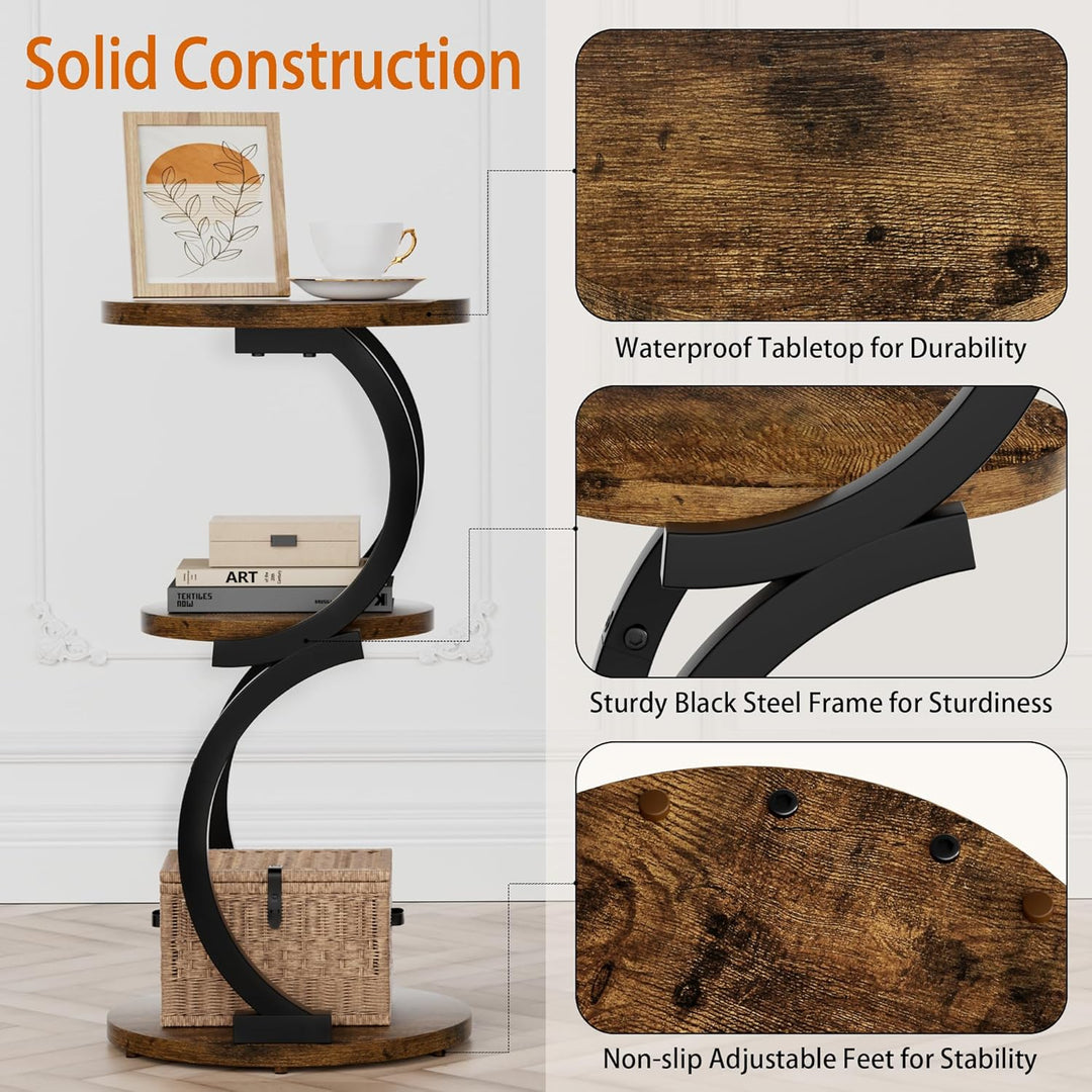 JUSTOGO Beistelltisch Rund, S-förmiges 3-stufiger Couchtisch, Kleiner Tisch Holz, Metall Nachttisch