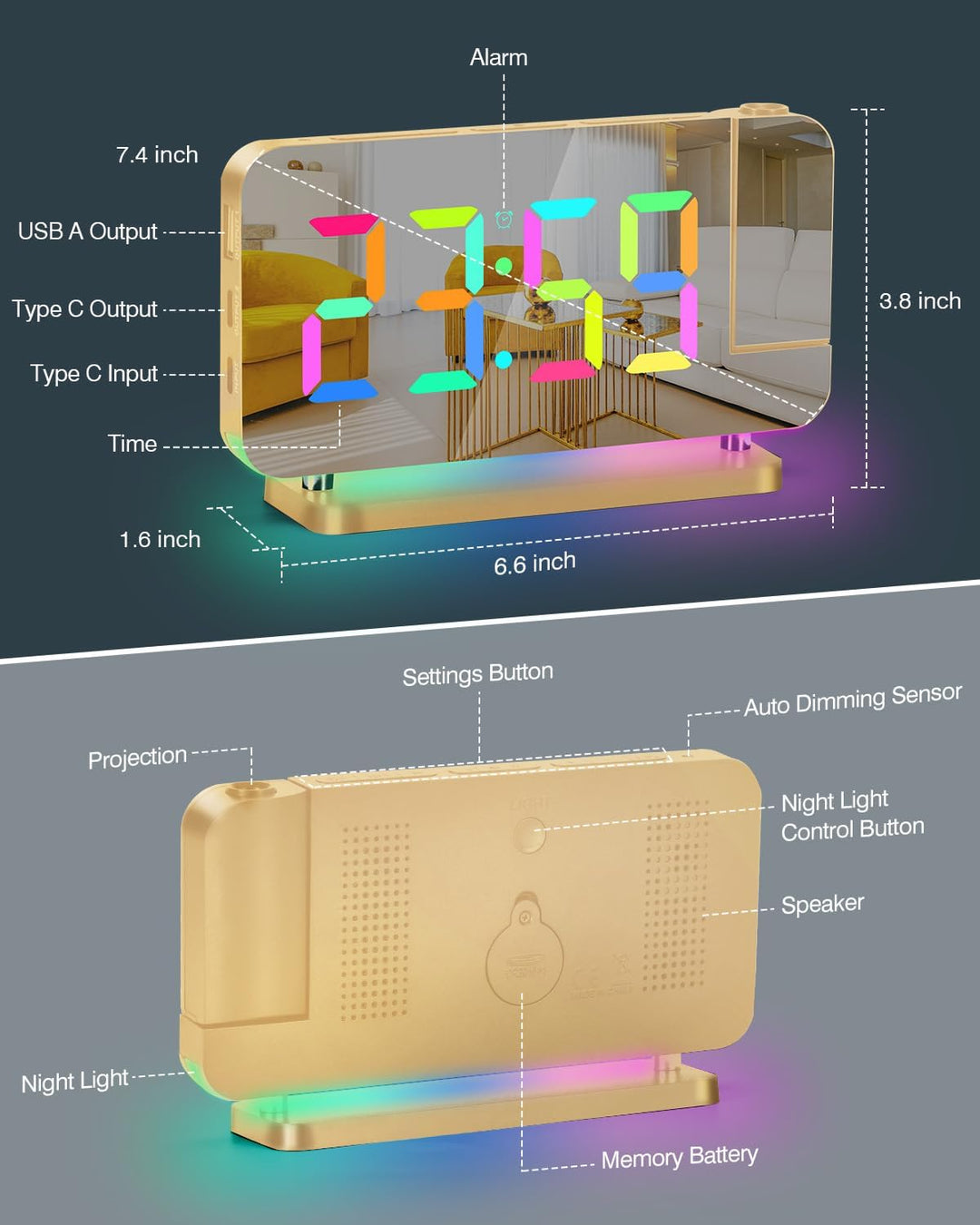 SZELAM Projektion Wecker - LED Spiegel Digitaluhr Grosses Display mit RGB Nachtlicht USB C Ladestati