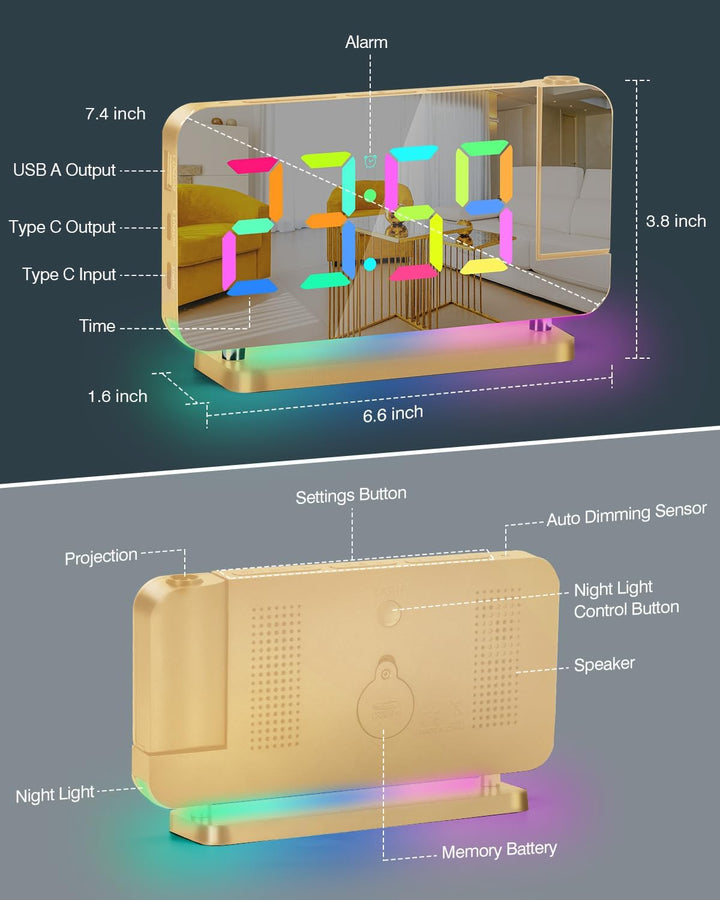 SZELAM Projektion Wecker - LED Spiegel Digitaluhr Grosses Display mit RGB Nachtlicht USB C Ladestati