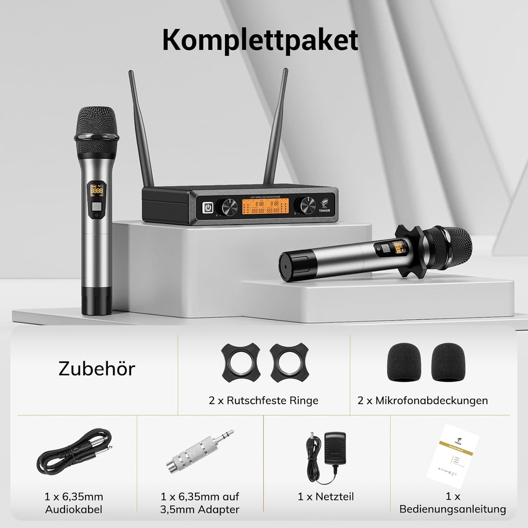 TONOR Wireless Funkmikrofon UHF Professionelles dynamisches drahtloses Dual Mikrofon, Handmikrofonsy