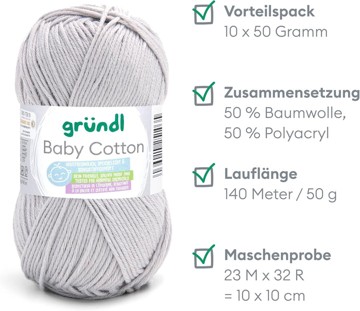 Gründl Baby Cotton Wolle zum Stricken und Häkeln, Babywolle aus 50% Baumwolle, 50% Polyacryl, strapa