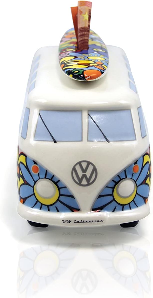BRISA VW Collection - Volkswagen Spar-Büchse-Schwein-Dose mit Surfbrett im T1 Bulli Bus Samba Design