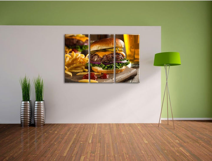 Pixxprint Saftiger Chili Cheese Burger 3-Teiler Leinwandbild 120x80 Bild auf Leinwand