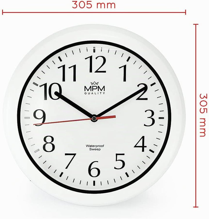 MPM Quality Design Badezimmer-Wanduhr aus Kunstoff und Mineralglas, Quarz Sweep, 3-5 ATM Wasserdicht