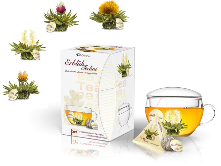 Creano ErblühTeelini Teeblumen Geschenkset mit Teeglas und 8 Teeblumen im Tassenformat, Weisser Tee,