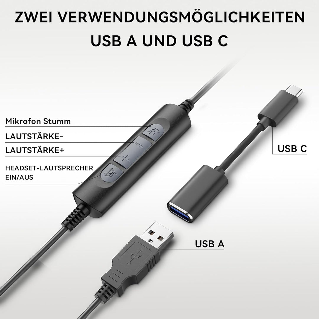 Wantek USB Headset mit Mikrofon für Laptop,PC kabelgebundene Kopfhörer mit USB-C Klinkenadapter,Laut