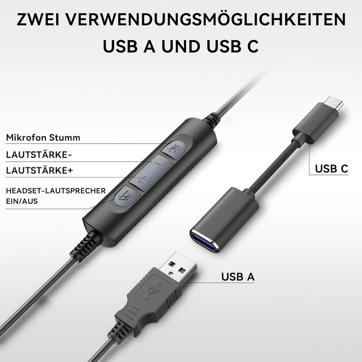 Wantek USB Headset mit Mikrofon für Laptop,PC kabelgebundene Kopfhörer mit USB-C Klinkenadapter,Laut