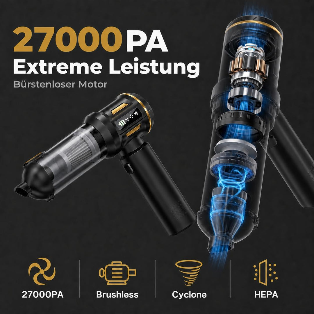 Handstaubsauger Akku 27000 Pa | 4-in-1 Auto Staubsauger mit Bürstenlosem Motor, Druckluftgebläse, Lu