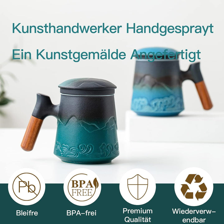 ZENS Teetasse mit Deckel und Teesieb, 450ml Grosse Holzgriff Teebecher mit Sieb und Gradienten Geprä