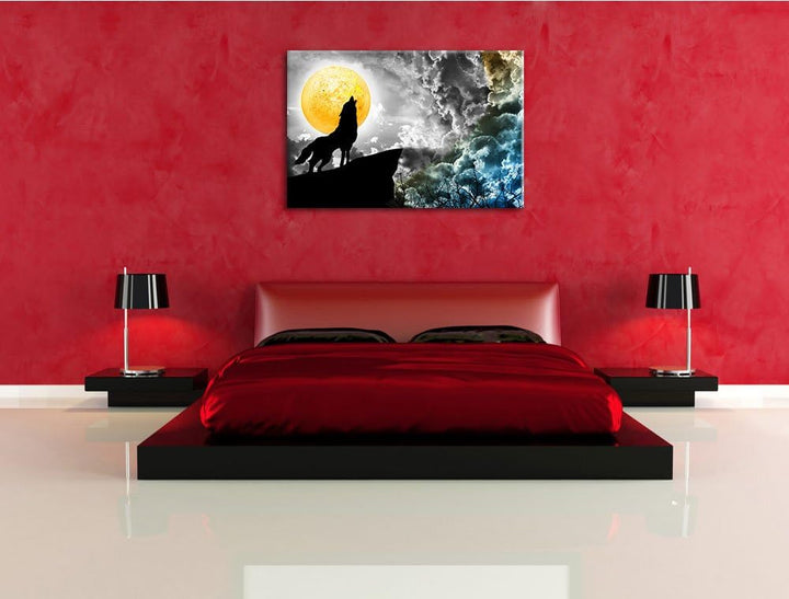 Dark Mystischer Wolf im Vollmond schwarz/weiss Format: 100x70 cm auf Leinwand, XXL riesige Bilder fe