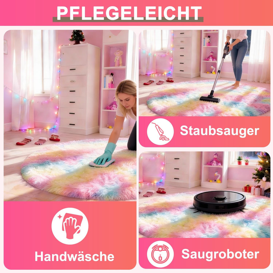 Teppich Rund 100 cm Regenbogen Waschbar Rutschfester Runder Hochflorteppich Wohnzimmer Kinderzimmer