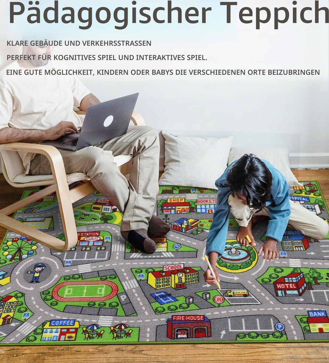 Capslpad Autoteppich Kinder 100x160cm rutschfest Kinderteppich Stadtplan Interaktiver Spielteppich W