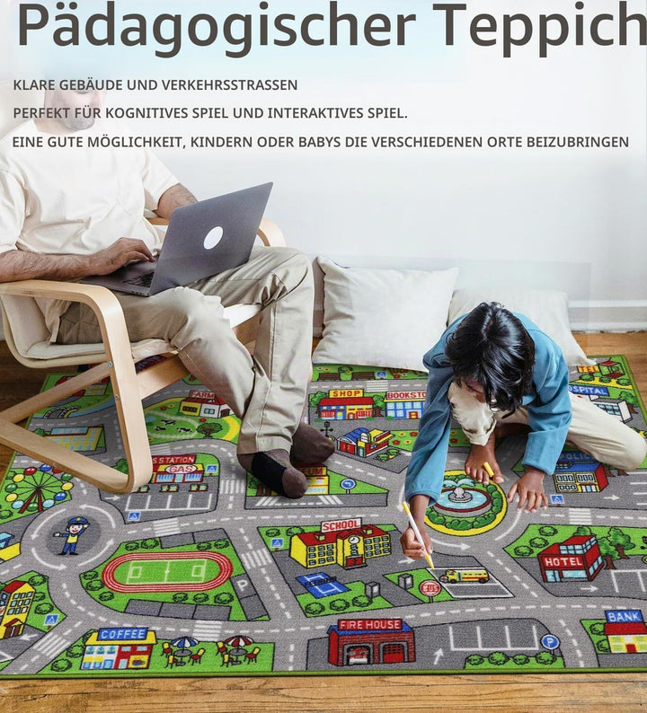 Capslpad Autoteppich Kinder 100x160cm rutschfest Kinderteppich Stadtplan Interaktiver Spielteppich W