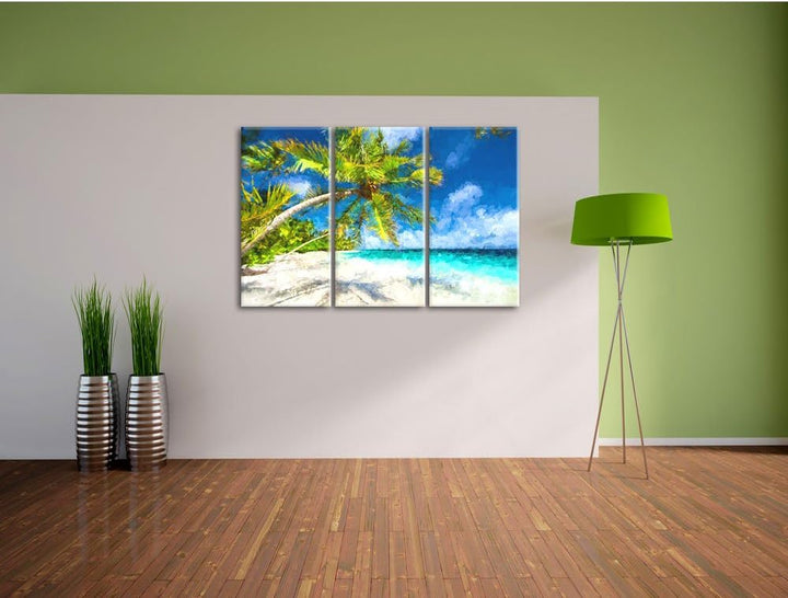 Pixxprint Palmenstrand als Leinwandbild/Grösse: 3 Teilig (120x80 cm) cm/Wandbild/Kunstdruck/fertig b