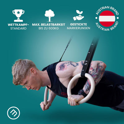 BeMaxx Turnringe Holz Gym Rings + Türanker & Trainings-eBook – Olympische Gymnastik Holzturnringe &