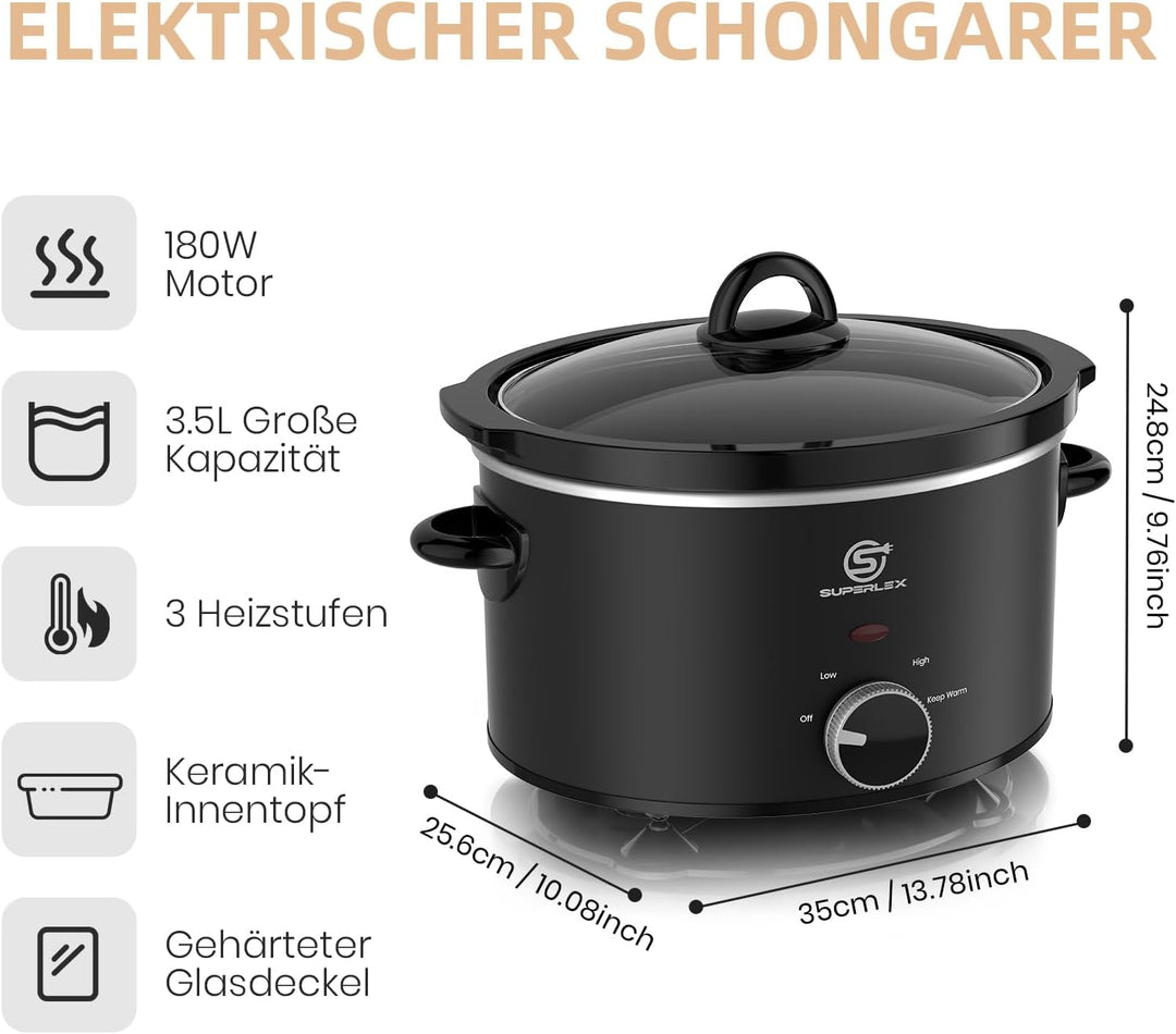 Slow Cooker 3.5L Elektrischer Schongarer Keramiktopf | Glasdeckel Temperaturstufen Warmhaltefunktion