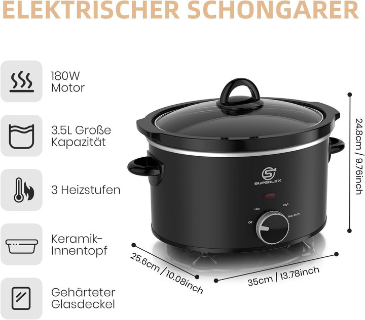 Slow Cooker 3.5L Elektrischer Schongarer Keramiktopf | Glasdeckel Temperaturstufen Warmhaltefunktion