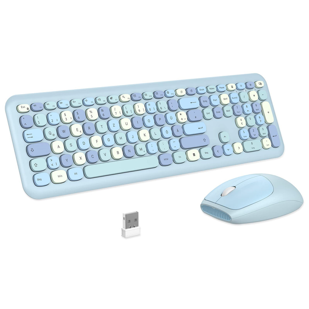 PINKCAT Tastatur Maus Set kabellos farbig, 2.4G Bunte Funktastatur mit Maus Retro Tastatur Cute Wire