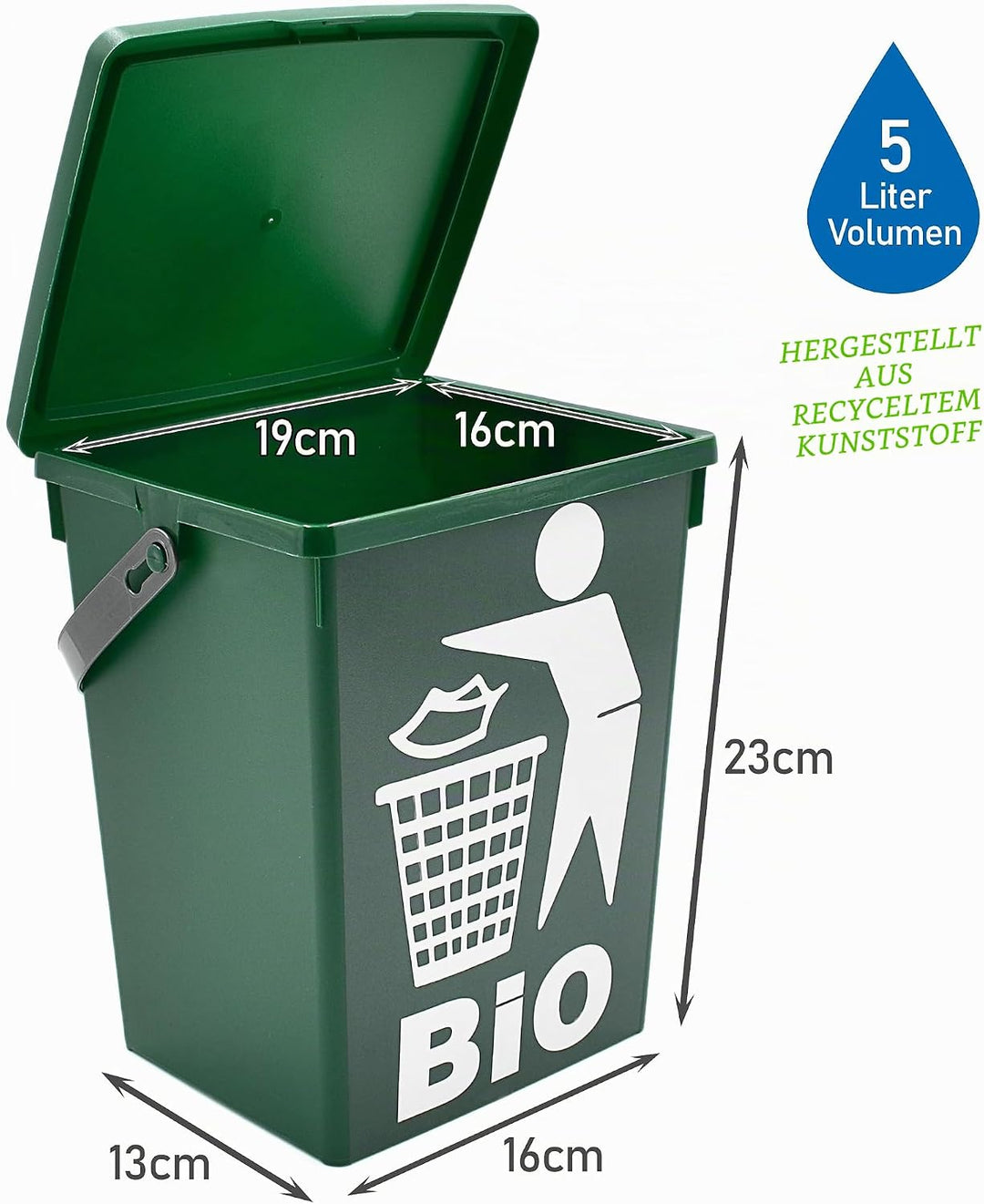 2er Set Bio Mülleimer 5L - Biomüll Behälter mit Deckel - Grün - Bioeimer klein für Küche - Abfalleim