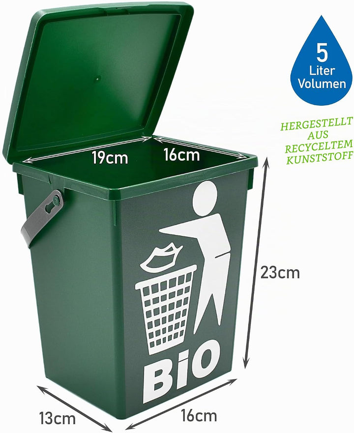 2er Set Bio Mülleimer 5L - Biomüll Behälter mit Deckel - Grün - Bioeimer klein für Küche - Abfalleim