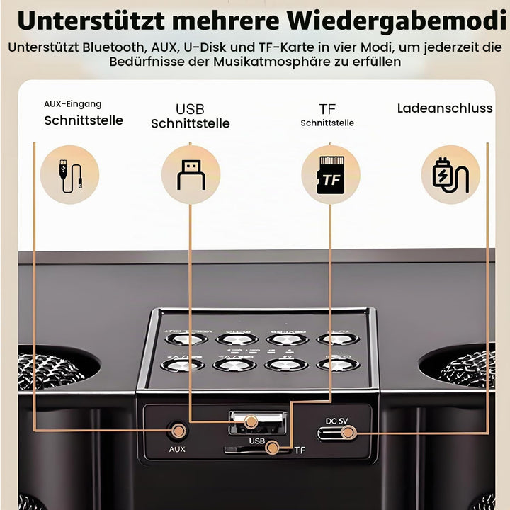 Karaoke Maschine mit 2 Mikrofonen, Tragbare Bluetooth Lautsprecher Box für Erwachsene und Kinder, Ka