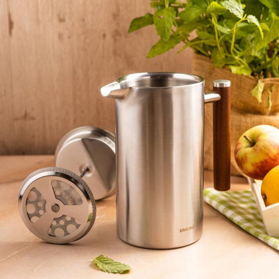 KINGHoff French Press 1 Liter, Edelstahl 304, Doppelwandig, Holzgriff, Thermodruck, Edelstahl, Mikro