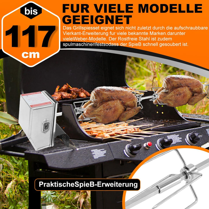 Grillspiess Set, Edelstahl Rotisserie mit 4X Fleischnadeln BBQ Fleischklammer, Griffstück, Motor Ele
