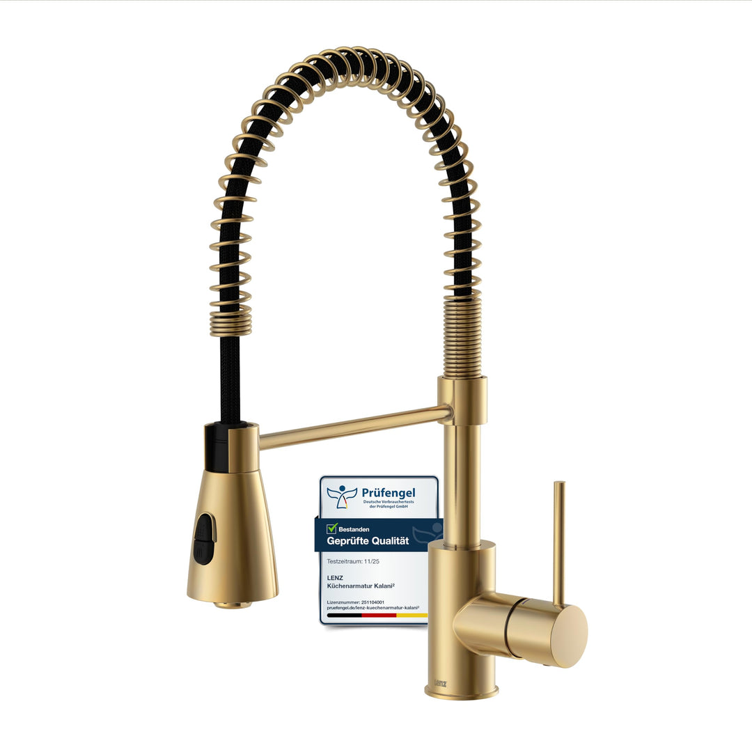 Lenz Küchenarmatur KALANI² in Gold-Optik – Pendelbrause mit 2 Strahlarten & 360° schwenkbarer Bogena