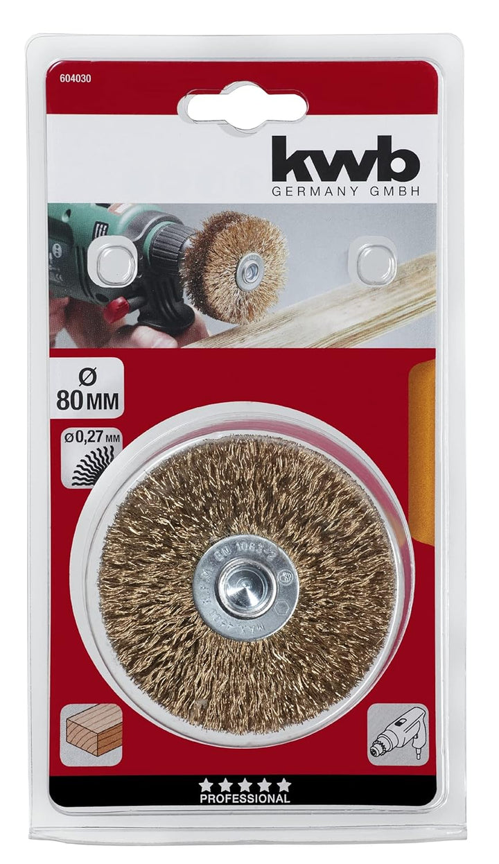 kwb Holzstruktur-Bürste, Messing-Beschichtet, fein, gewellt, HSS-Stahldraht, Ø 80 mm für Metall und
