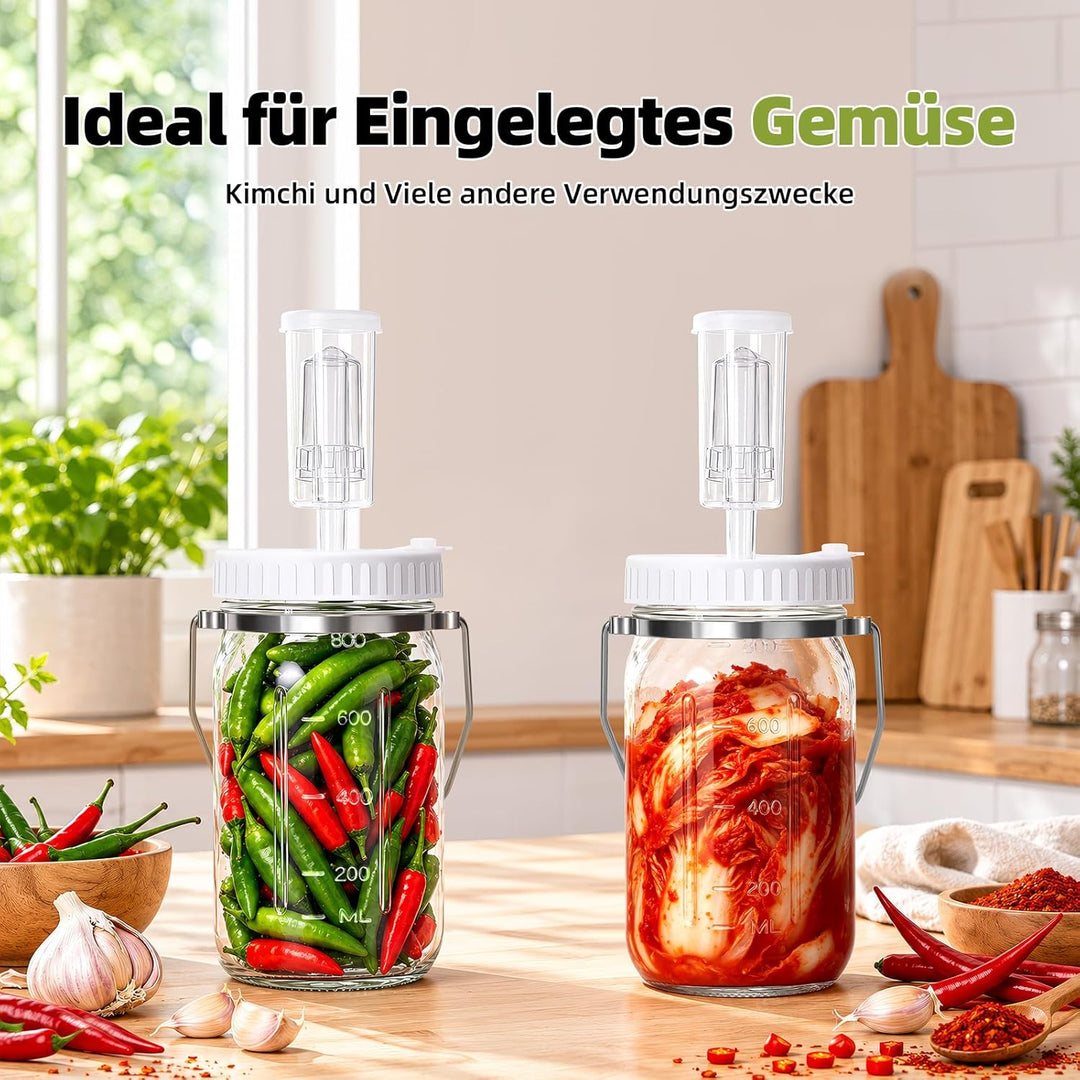 Mittimiya 2 Stück 1L Fermentierglas mit Tragegriff, Fermentiergläser mit Fermentiergewichte, Gärvent