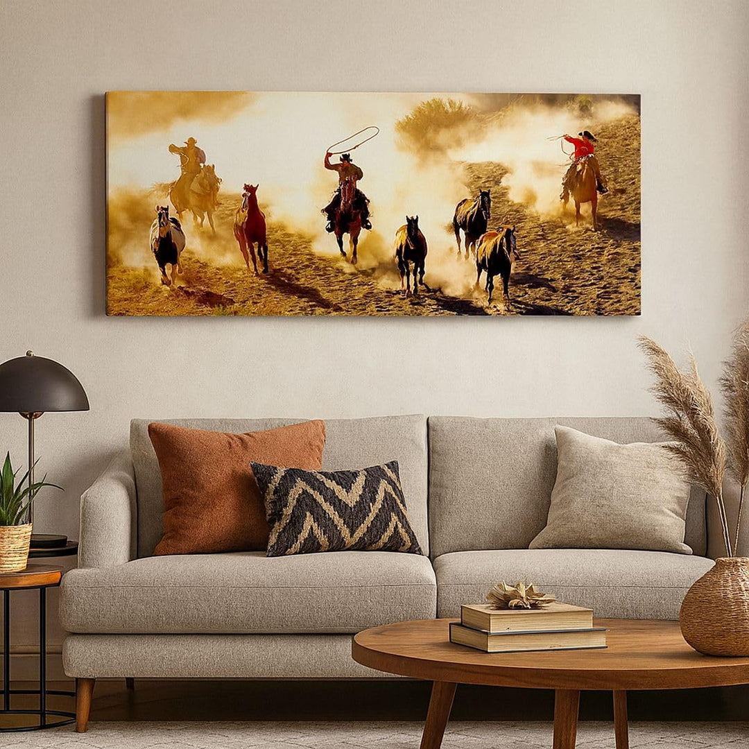 Panorama Bilder auf Leinwand 100x40cm Leinwandbild Cowboys Pferde Galopp Gross Wanddeko Bild Schlafz