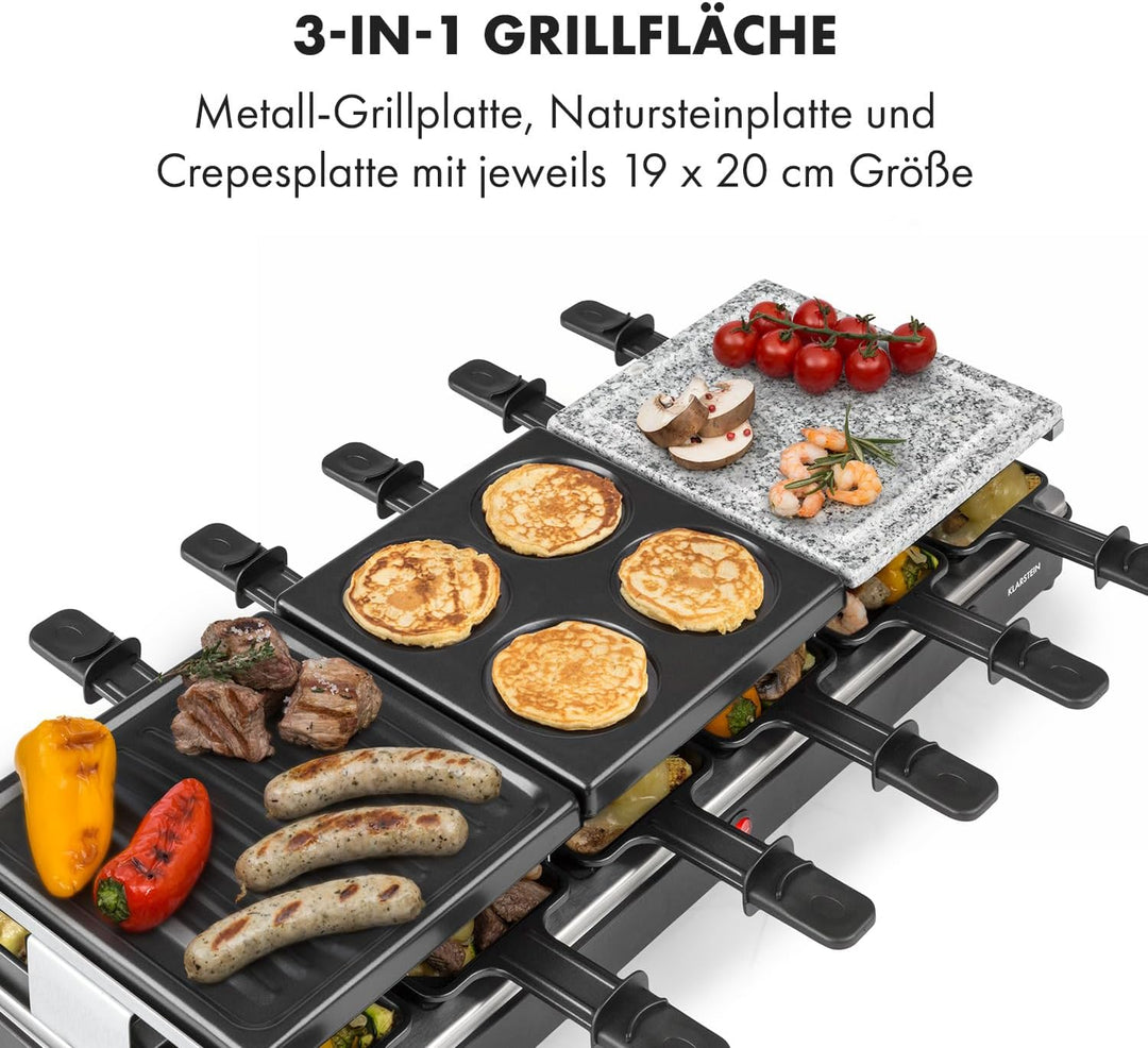 Klarstein Fonduelette XL - 3-in-1 Raclette-Grill & Fondue, 1650 Watt, 3-in-1 Grill: Metall- /Naturst