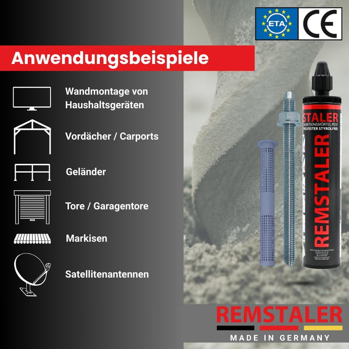 1x Remstaler INJEKTIONSMÖRTEL + ANKERSTANGE + SIEBHÜLSE im SET | Stahl verzinkt o. Edelstahl A4 | Ve