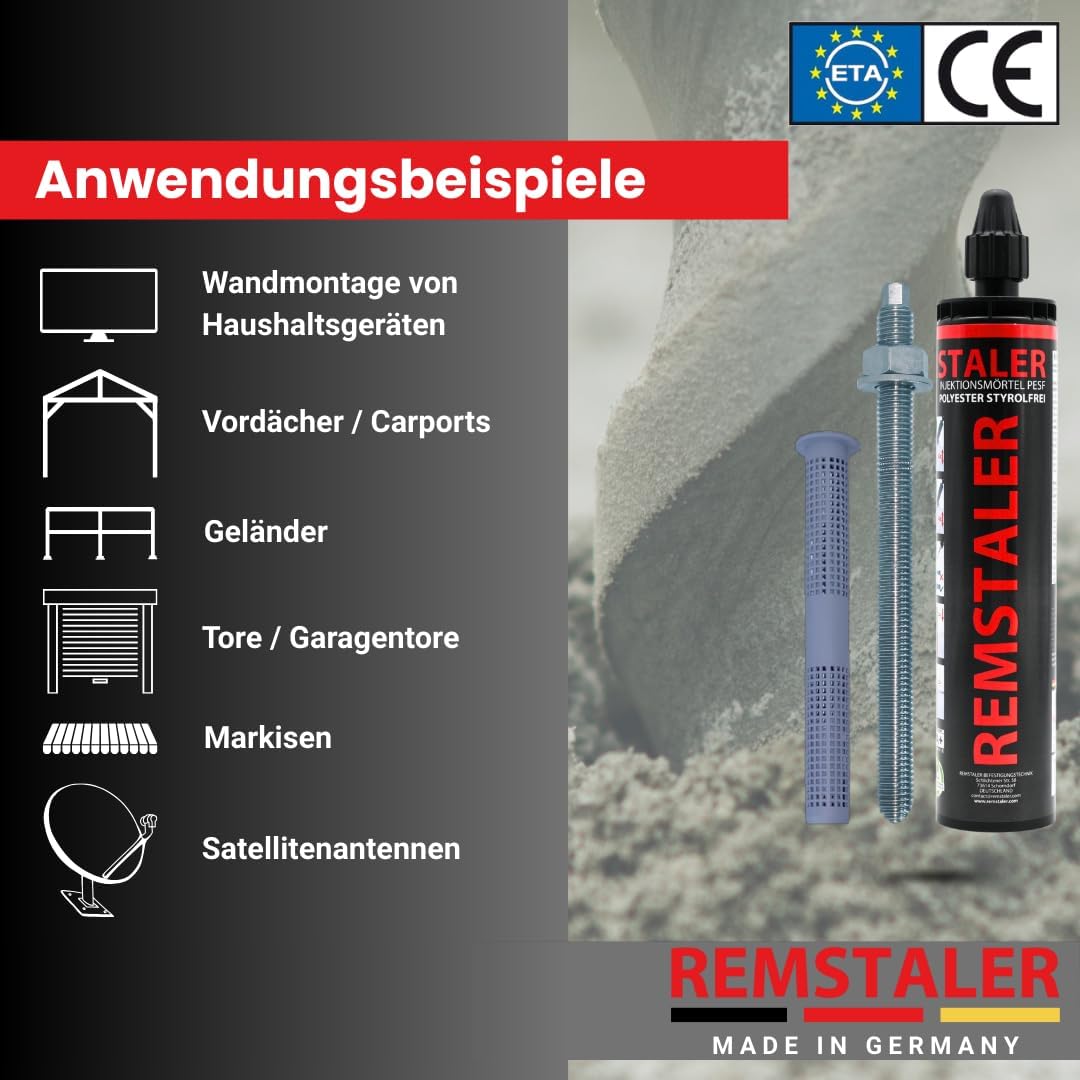 1x Remstaler INJEKTIONSMÖRTEL + ANKERSTANGE + SIEBHÜLSE im SET | Stahl verzinkt o. Edelstahl A4 | Ve