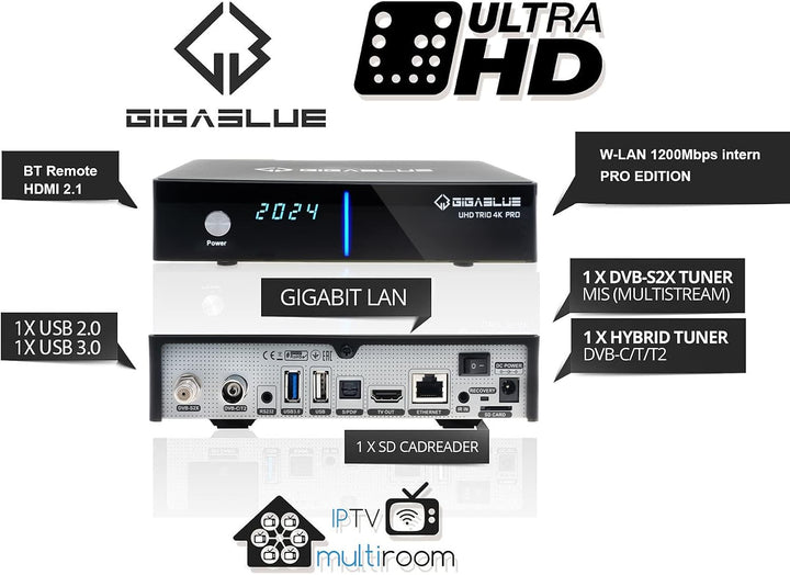 GigaBlue UHD Trio 4K PRO Kabel Sat-Receiver DVB-S2X/C/T2 Tuner | PVR-Ready Aufnahmefunktion auf USB/